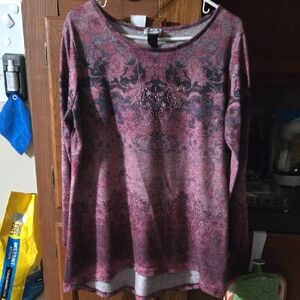 Monroe & Main Pink and Gray Long Sleeve Embellished Scoop Neck Top